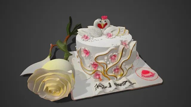天鹅装饰  婚礼蛋糕  白玫点缀  浪漫庆典 甜点模型  精致
