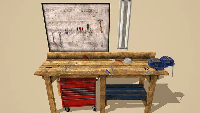   3D卡通风格工作台场景模型，创意设计（3D场景、卡通风格、写实风，场景设计主题）