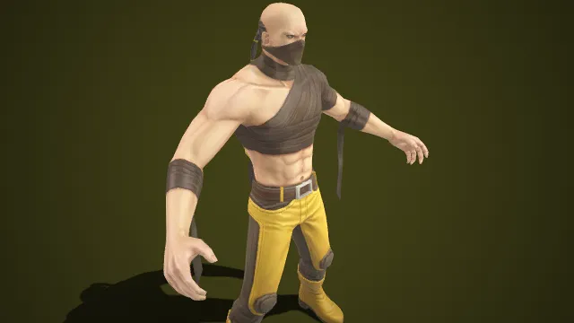 光头造型  黑色面罩  深棕束身衣  健硕胸腹肌  黄色工装裤  忍者  隐秘感  