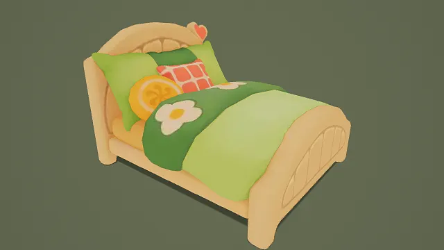   3D卡通风格粉绿黄系童趣儿童床模型，创意设计（3D儿童床、卡通风格、童趣清新风，家具设计主题）