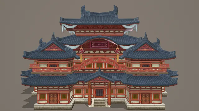 3D卡通风格中式多层宫殿建筑模型，创意设计（3D建筑、卡通风格、华丽雅致，文化主题，物品元素）