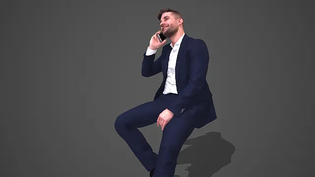 藏蓝西装男性坐姿持手机商务交流人物 3D 模型