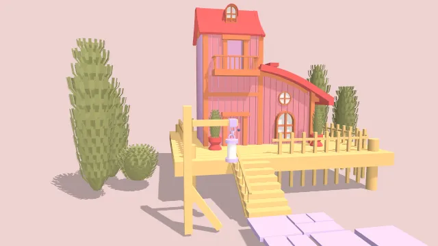 粉色房子场景建筑树木植物