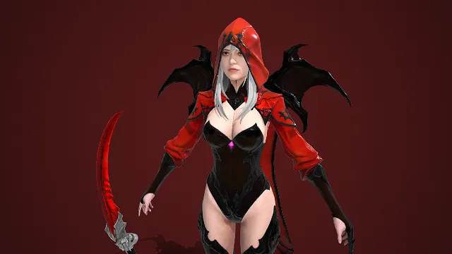 暗黑风战装  暗夜女角  血色镰刀  游戏女角色  蝠翼装饰  