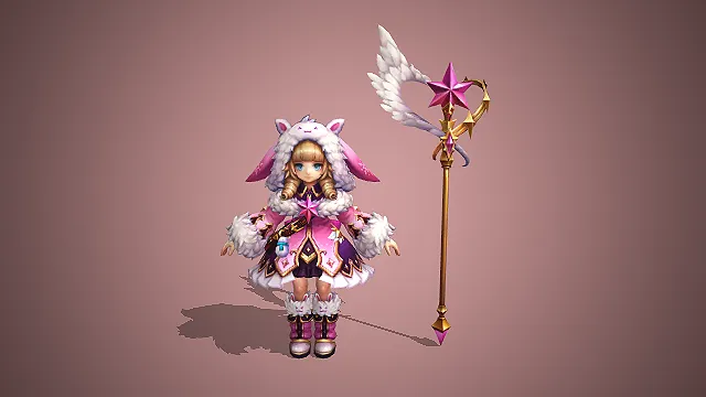卡通 Q 版粉兔耳冬装法师少女带星芒法杖 3D 游戏角色模型