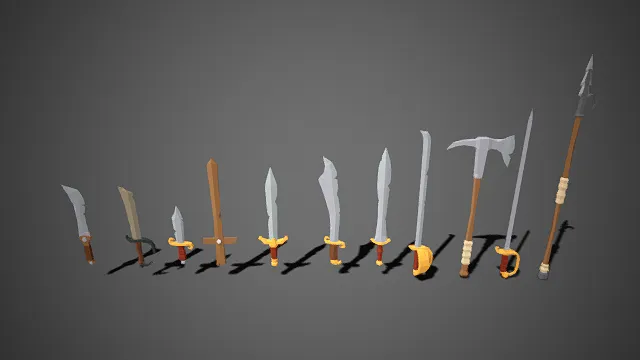 低多边形  冷兵器组  装饰性手柄  战斗装备  卡通简洁  金银配色  