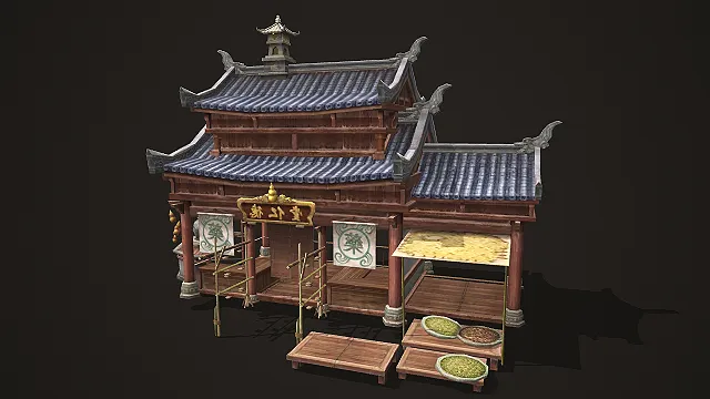 带药葫芦与招牌的中式古风药铺建筑