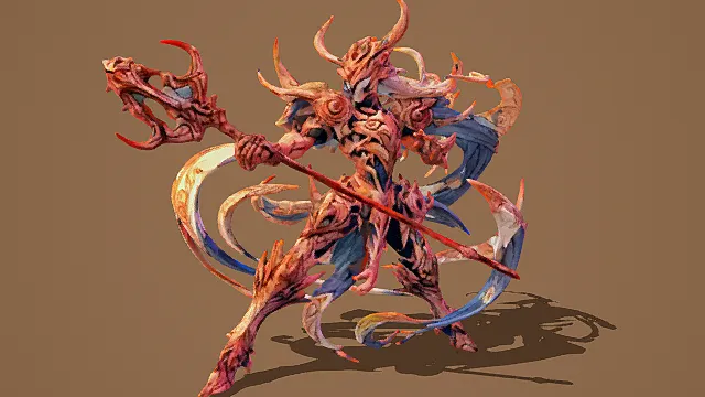 奇幻风格3D魔神角色模型，创意设计（奇幻魔神、3D模型、蓝白渐变细节、多组尖角与螺旋纹理、夸张武器、飘带式肢体延伸）