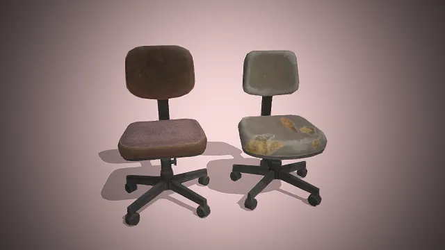 两把不同颜色且带有磨损痕迹的办公转椅的模型