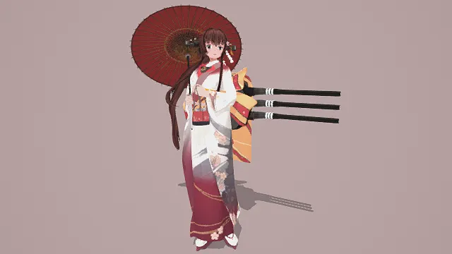 3D卡通风格红白棕系和服少女角色模型，创意设计（3D角色、卡通风格、卡通和风，角色设计主题）