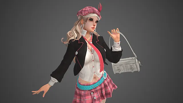 粉格贝雷帽  学院风套装  粉格百褶裙  二次元少女