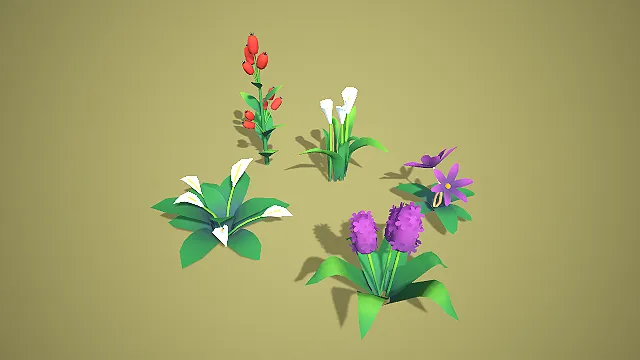 卡通风格风信子马蹄莲浆果组合 3D 低多边形植被装饰模型