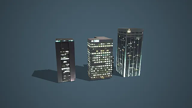 写实风格夜景写字楼组合 3D 城市建筑场景道具模型