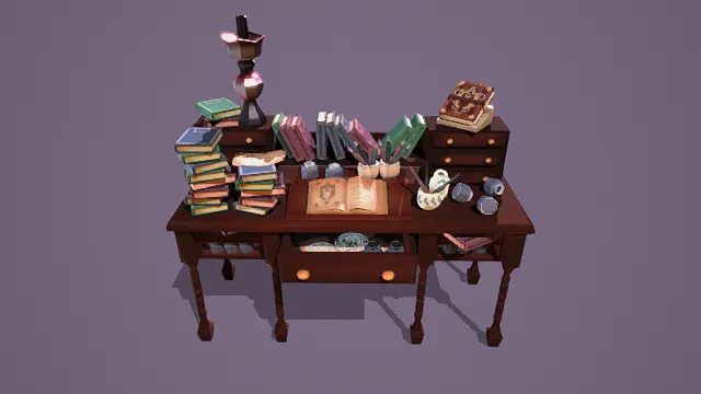 3D卡通风格复古书桌组合模型，创意设计（3D家具、卡通风格、复古木质书桌，学习主题，装饰元素）