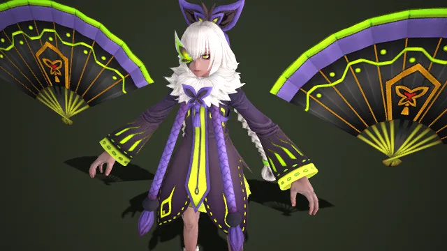 奇幻动漫风  狐耳装饰  哥特风短裙装  蝴蝶结  折扇武器  狐妖元素  萌系  二次元风格