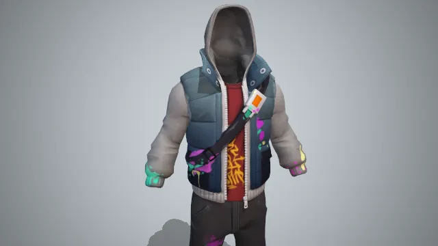 灰色兜帽外搭蓝色羽绒马甲