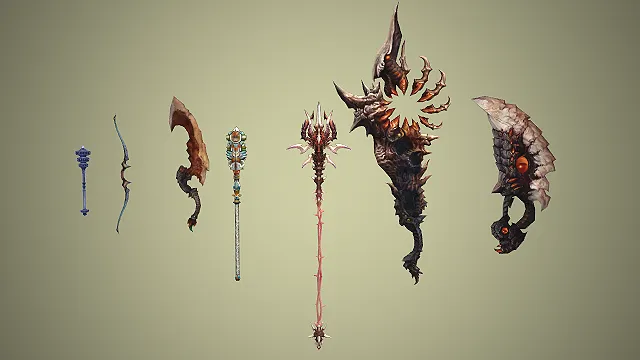 一组奇幻风格的，魔幻题材游戏武器3D模型套装