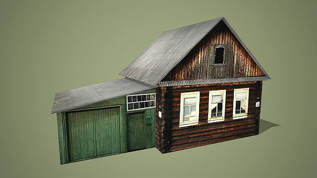 旧木楞配破窗及绿色附屋的复古荒废乡村木屋 3D 模型