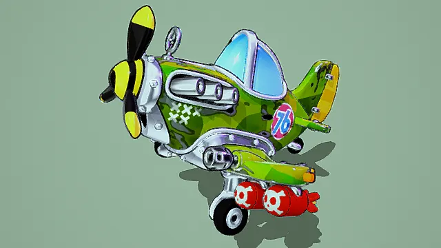   卡通风格迷彩小飞机3D模型，趣味设计（带武器、骷髅炸弹、装饰细节 ）