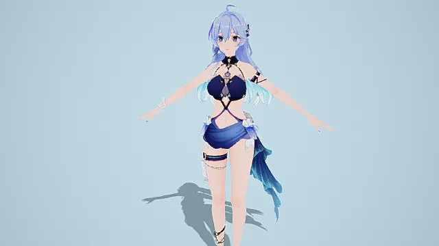 二次元风格3D少女角色模型，创意设计（二次元少女、蓝紫渐变长发、深蓝系服饰、交叉绑带设计、羽毛状装饰）