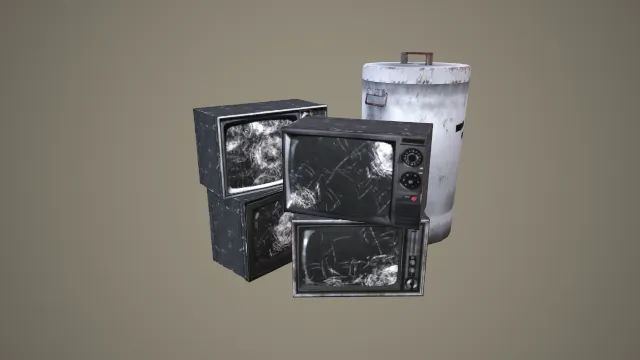 复古破损老电视与金属储物罐组合道具 3D 模型