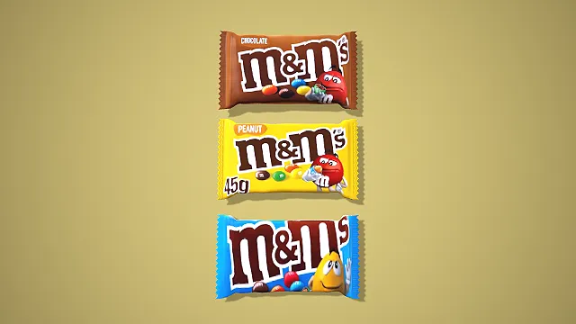 卡通风格三款 M&M 豆袋装组合 3D 低多边形零食场景装饰模型