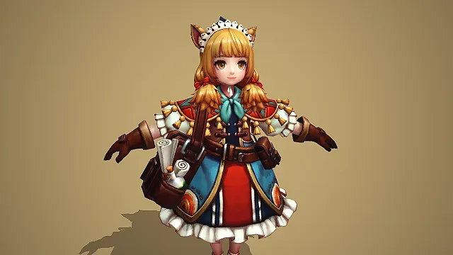 穿复古探险裙的猫耳少女学者背包客游戏 NPC 模型