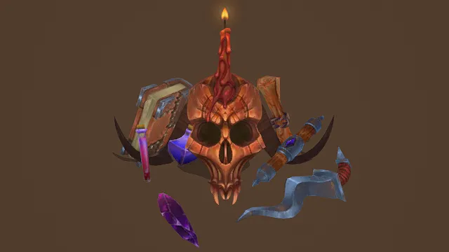 3D卡通风格橙红蓝紫棕系魔幻骷髅摆件模型组，创意设计（3D骷髅模型组、卡通风格、卡通魔幻风，游戏道具主题）