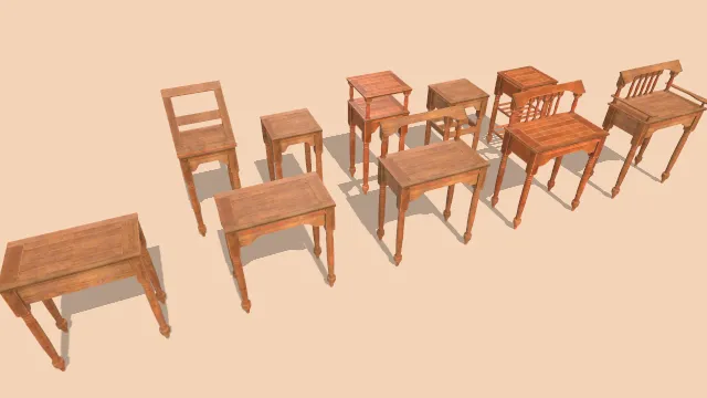 1800年代乡村风格木质家具桌椅道具集合