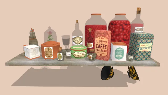 放有工具的储藏室架子有玻璃瓶子茶杯盒子