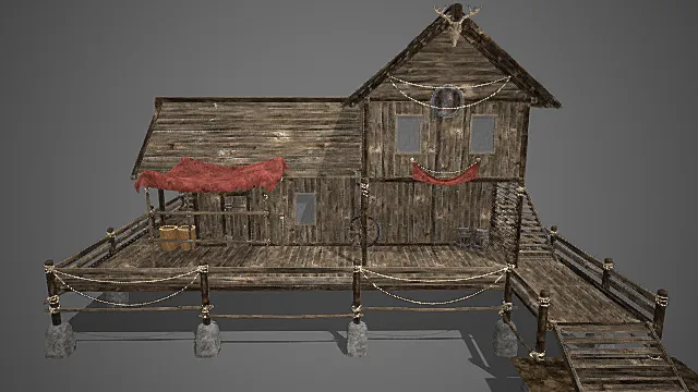 国风渔村风格临水双拼木屋模型