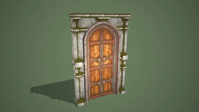 复古石质门框配木质双开拱门带金属饰件写实模型