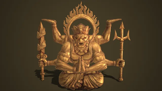 佛教护法  神话角色  鎏金金身  多臂獠牙  宗教装饰  三叉戟  佛域肃穆感  宗教神像  