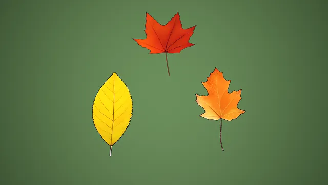 三款不同形态秋季橙黄叶片组合 3D 自然场景装饰模型