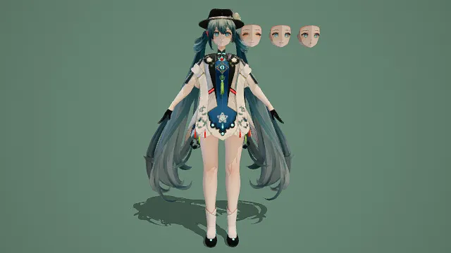 卡通风格3D美少女角色模型，创意设计（卡通美少女、3D模型、双马尾、帽子、中式元素服饰、多表情、绿色背景、独特造型 ）