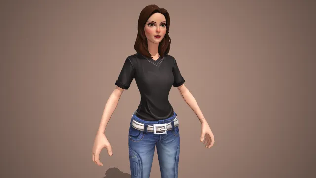 穿黑色短袖，牛仔裤的长发女人