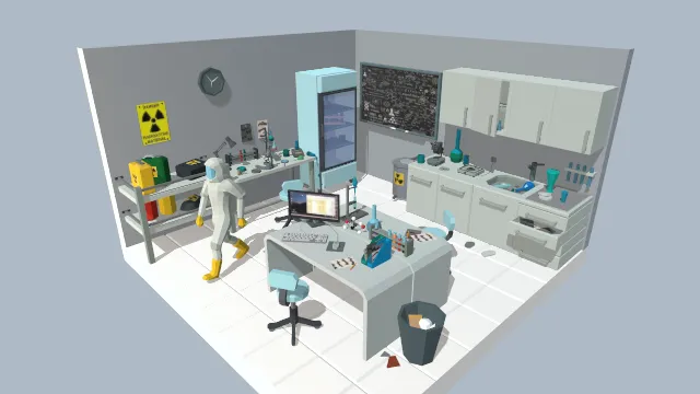 低多边形实验室房间内饰场景人物动画