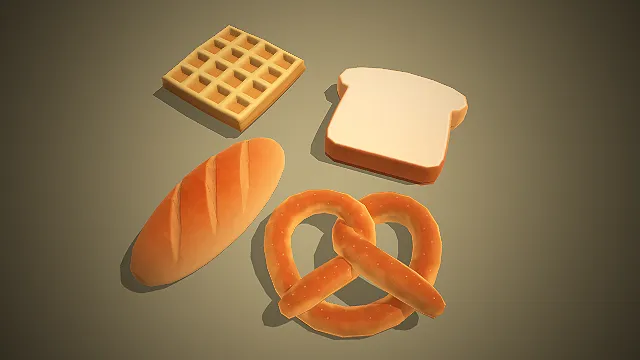 一组卡通风格的多样烘焙面包组合模型