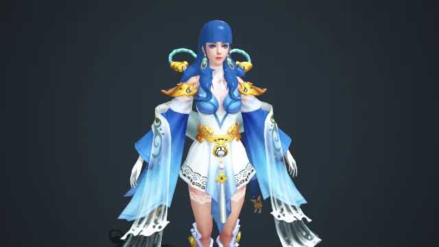 古风仙侠风格蓝白水元素女性角色游戏 NPC 模型