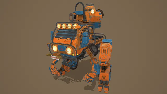 3D卡通风格橙蓝系机械载具模型，创意设计（3D载具、卡通风格、奇幻风，机械载具设计主题）