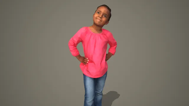 粉色长袖衫牛仔裤小女孩叉腰俏皮站姿 3D 模型