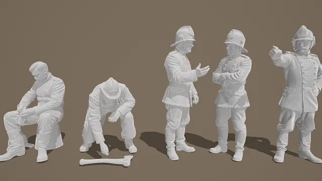   3D卡通风格白棕系19世纪消防员角色模型组，创意设计（3D角色、卡通风格、卡通复古风，角色设计主题）