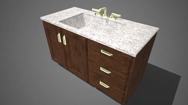 洗手柜  储物结构  金属拉手  大理石质感  洗手盆  金色双控水龙头  厨房设施