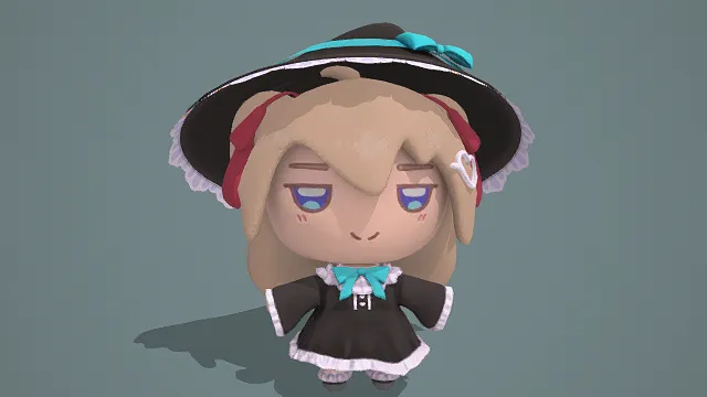 3D卡通风格黑棕蓝红系Q版女巫角色模型，创意设计（3D角色、卡通风格、Q版奇幻风，角色设计主题）