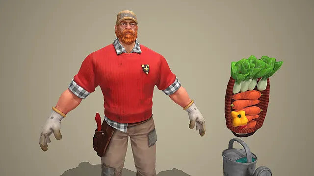 卡通田园农夫男性角色 3D 模型 蔬菜水桶工具套装