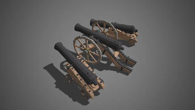 低多边形  复古火炮  轮式火炮  木质炮架  海战  军用武器  军事道具
