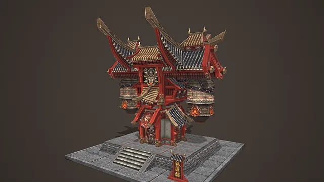 红漆飞檐配悬灯的中式玄幻楼阁建筑 3D 场景模型