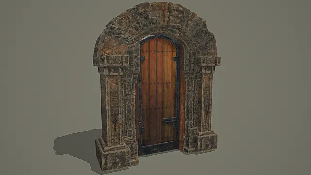 古遗迹风格石拱木门模型