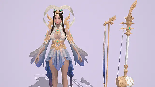 国风仙侠风女性角色模型（白蓝金配色华丽服饰造型）