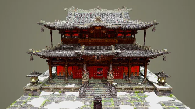 卡通风格3D像素风中式古建模型，创意设计（卡通像素中式古建、3D模型、、双层中式古建造型、飞檐翘角）
